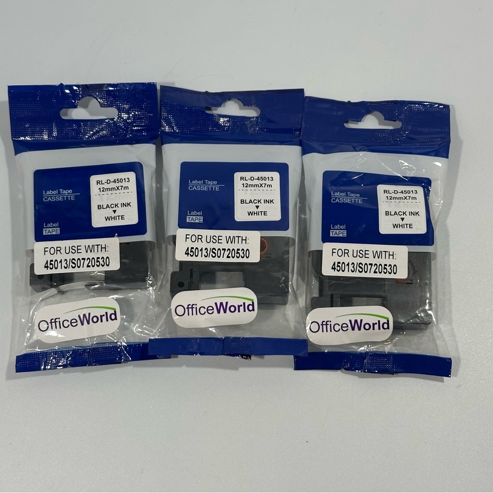 3 Office World RL-D-45013 Label Tape Cassettes 12mm x 7m Black Ink on White Tape